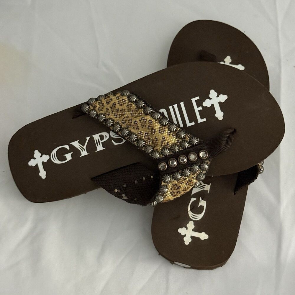 Gypsy Soule Leopard Rhinestone Flip Flop Sandals Women’s Size 7 Boho Bling NWOT - Picture 10 of 15